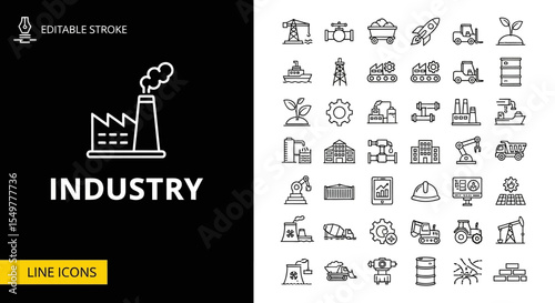 Editable Stroke Industry Line Icons Manufacturing, Agriculture, Energy & More