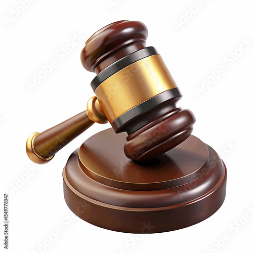Wooden gavel with golden band and base isolated on white background