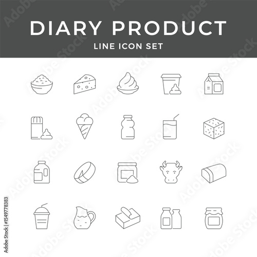 Dairy Product Line Icon Set – Milk, Cheese, Yogurt, Butter, Cream, Food, Fresh, Minimal Vector Collection