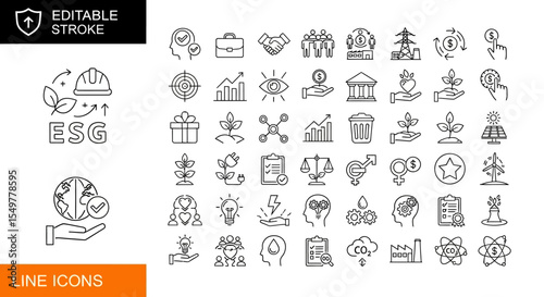 ESG Line Icons Editable Stroke Vectors for Sustainability Reporting and Corporate Social Responsibility