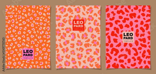 Set of Leopard Patterns in trendy retro style. Groovy hippie 70s for backgrounds, posters, covers, fliers, cards, packaging, social media stories.