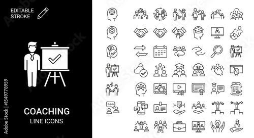 Coaching Line Icons Business Training, Team Development, and Leadership Icons