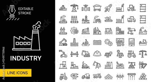 Industrial Revolution Editable Stroke Line Icons of Manufacturing and Production