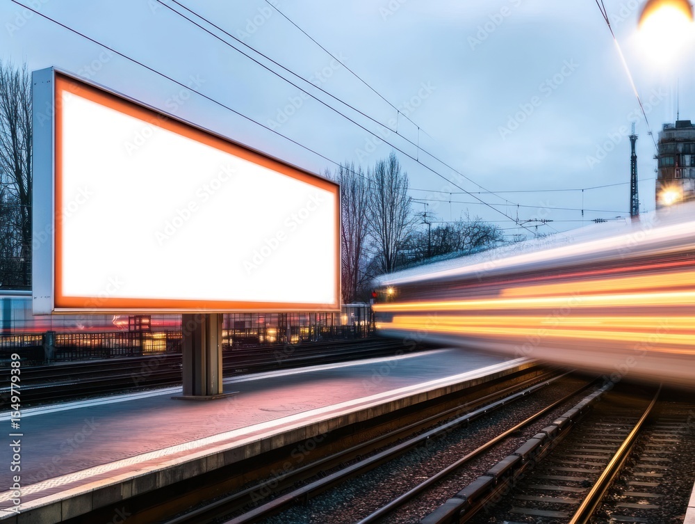 Naklejka premium Empty billboard at a train station, with a blurred, fast-moving train.