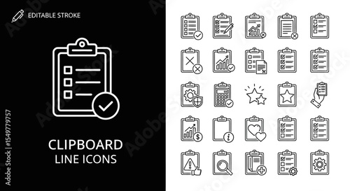 Editable Checklist Clipboard Line Icons Task Management, Planning, and Organization