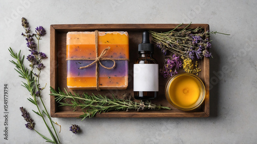 Artisanal Soap Making Kit Flatlay with Dried Herbs and Natural Ingredients