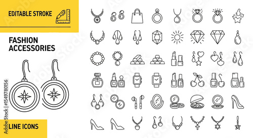Elegant Fashion Accessory Line Icons Earrings, Jewelry, and More