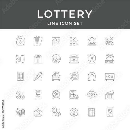 Lottery Line Icon Set – Ticket, Win, Jackpot, Prize, Draw, Luck, Money, Minimal Vector Collection