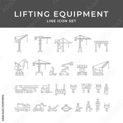 Lifting Equipment Line Icon Set – Crane, Hoist, Construction, Heavy, Industrial, Machine, Forklift, Minimal Vector Collection