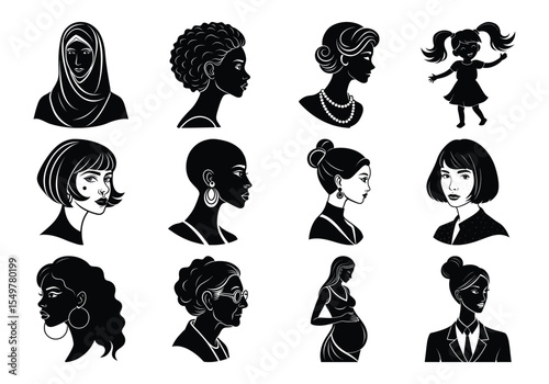 Diversity of Women Silhouette Portraits – Elegant Female Head Profiles in Vector Art