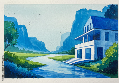 Serene Watercolor Painting of Modern House by River in Mountain Landscape