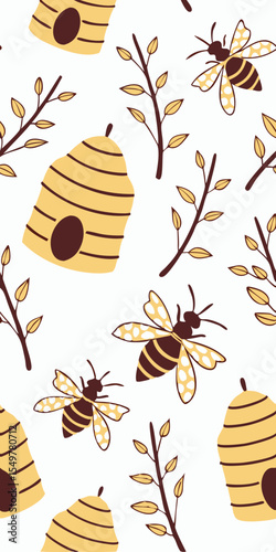 Vector honeybee and hive icon pattern, nature and pollination theme in yellow and brown (