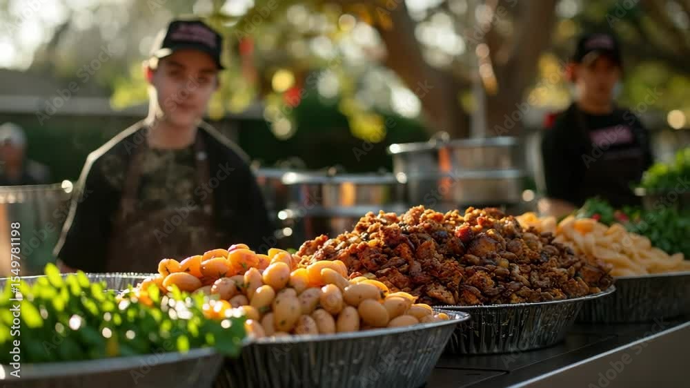 Delicious food buffet with roasted potatoes, caramelized onions, and fried chicken. Food includes various savory dishes perfect for catering events or restaurant buffets.