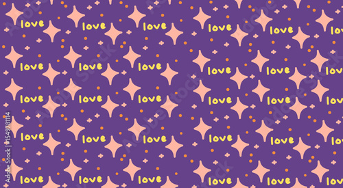 Seamless Abstract Pattern for Background and Wallpaper Dreamy Love Word With Sparkles and Stars in Purple Night Pastel Color	