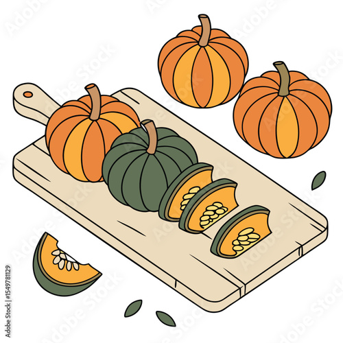Acorn squash vegetables arranged on a cutting board