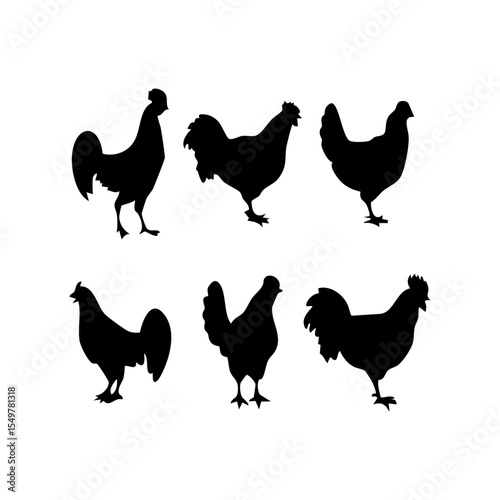 Six black silhouettes of chickens and roosters in various poses on a white surface.