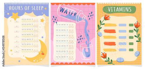 Set of planners for daily habits. Vector schedule page for water drinking and sleep hours, vitamin nutrition. Paper or notebook cover for tracking personal routine and goals, selfcare task. Planning.