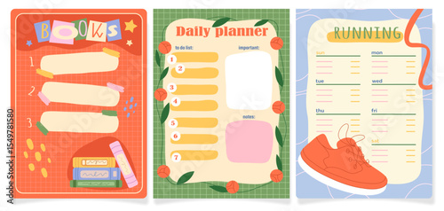 Daily habits poster set. Vector routine paper layout for jogging or running, book reading and sport. Card page for progress structure. Goal journal and task calendar. Planning tracker and schedule