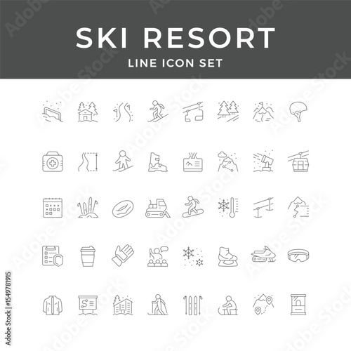 Ski Resort Line Icon Set – Winter, Snow, Mountain, Lift, Slope, Snowboard, Holiday, Minimal Vector Collection