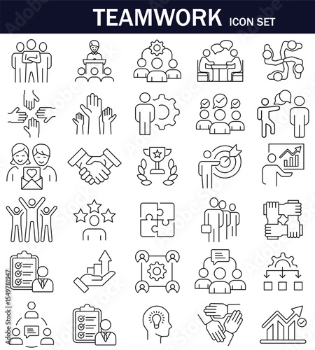 Line-style icon set representing teamwork concepts like collaboration, leadership, goal setting, planning, communication, and success. Ideal for business, HR, and project visuals.