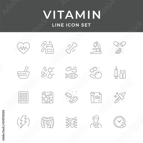 Vitamin Line Icon Set – Supplement, Nutrition, Health, Pill, Capsule, Wellness, Immune, Minimal Vector Collection