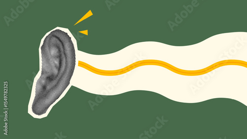 Halftone collage, ear with sound waves on green background