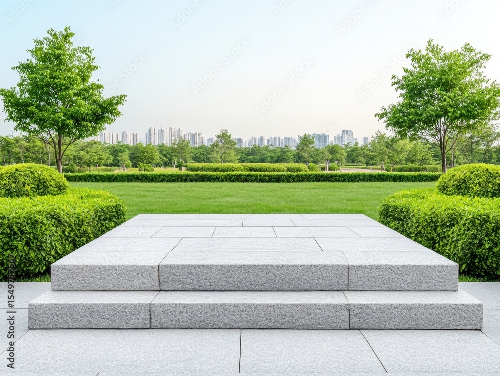 Obraz premium Empty stone steps in a park, urban backdrop