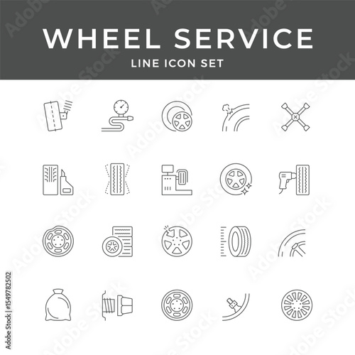 Wheel Service Line Icon Set – Tire, Repair, Car, Maintenance, Alignment, Garage, Auto, Minimal Vector Collection