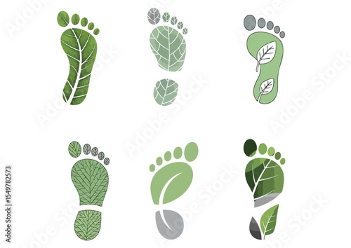 Carbon footprint icon shaped like a leaf-textured footprint in soft green and gray tones, flat vector illustration with clean minimal design on white