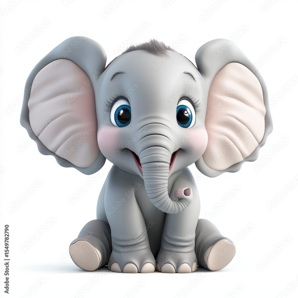 Fototapeta premium Giggling baby elephant with oversized ears and soft wrinkles isolated on white