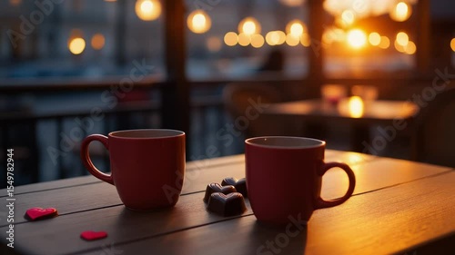 Sunset café terrace – romantic scene with heart chocolate and warm light