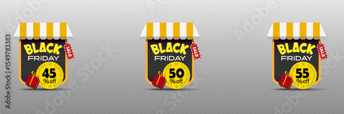 Black Friday sale label with striped awning, discount badge and gift box for shopping and seasonal promotion