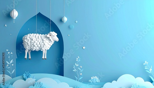 Eid Al Adha Mubarak Celebration Card With Paper Art Sheep Hanging On Blue Background.