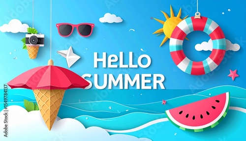 Hello Summer With Decoration Origami Hanging On Blue Sky Background. Paper Art And Cr