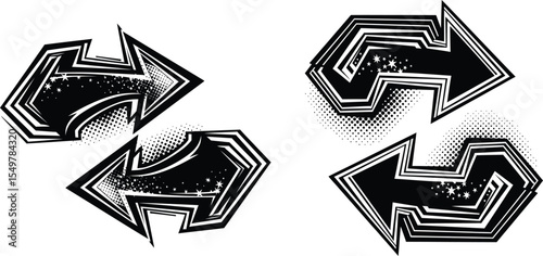Abstract Arrows Pointing Left and Right with Halftone Dots and Stars Inside