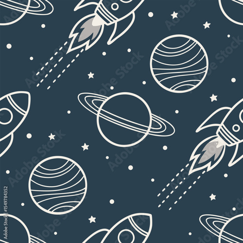 Repeating planet orbit and rocket trail icons, space travel theme in dark vector colors