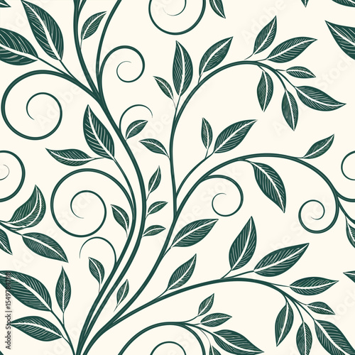 Seamless pattern of green leaves and vines with curly tendrils on a cream background, creating a dense, repeating floral design