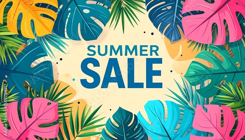 Summer Sale Banner. Summertime Commercial Background With Tropical Leaves For Summer