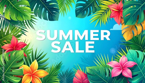 Summer Sale Banner. Summertime Commercial Background With Tropical Leaves For Summer