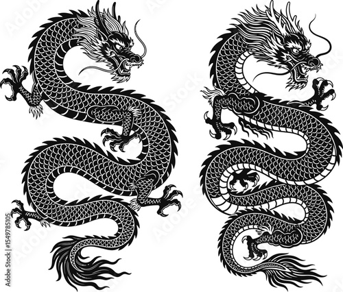 Artistic Rendition Two Stylized Dragons in Curled Poses Featuring Scales and Intricate Details
