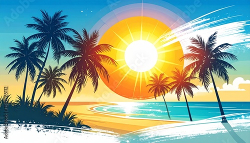 Summertime Background With Palm Trees, Summer Sun And White Brush Strokes For Your Se