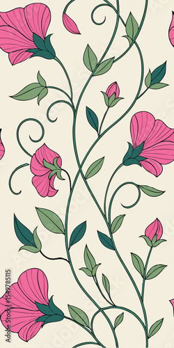 Seamless pattern of Sweet Pea flower arranged beautifully and decorated with vines
