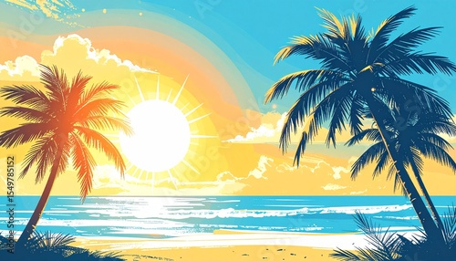 Summertime Background With Palm Trees, Summer Sun And White Brush Strokes For Your Se