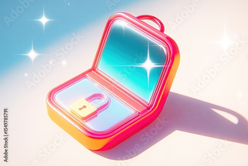 Colorful lockable case with shiny surface and reflective interior in bright lighting
