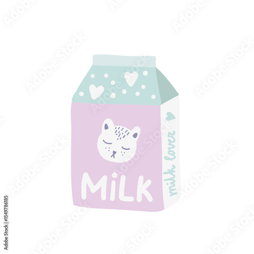 Illustration of a milk carton with a cat on it with soft pastel colors. Funny cute cartoon sticker or print on a clothes for cat lovers.