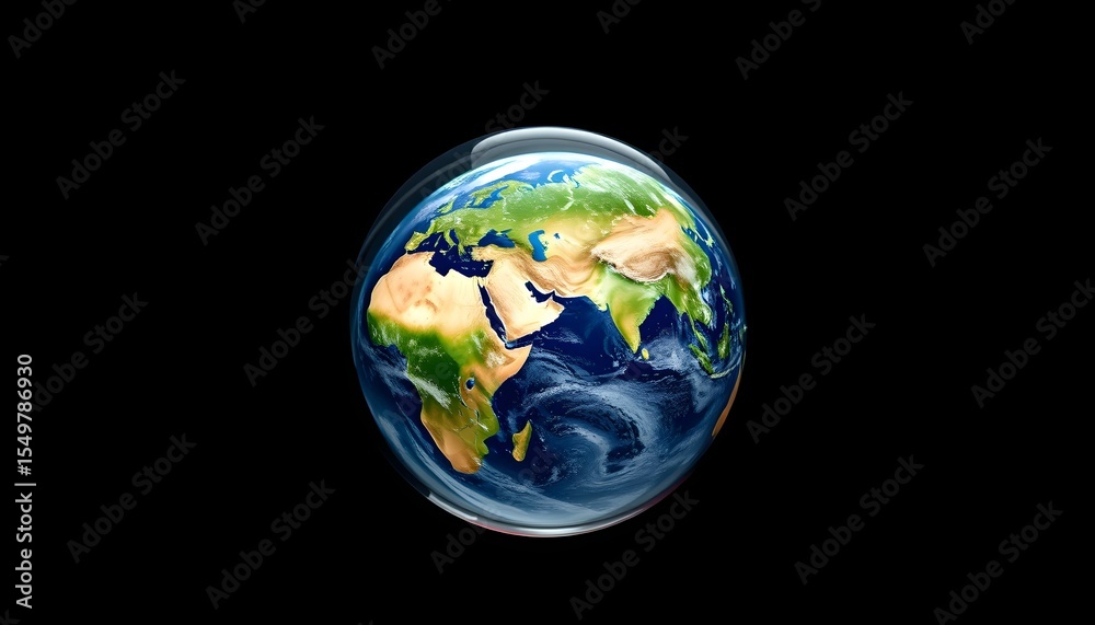 Fototapeta premium Earth globe with visible continents and oceans, surrounded by a swirling, transparent aura, against a black background.