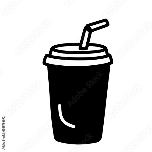 Black and white vector illustration of a disposable cup with a straw