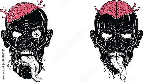 Cartoon Zombies with Exposed Brains and Extended Tongues Illustration