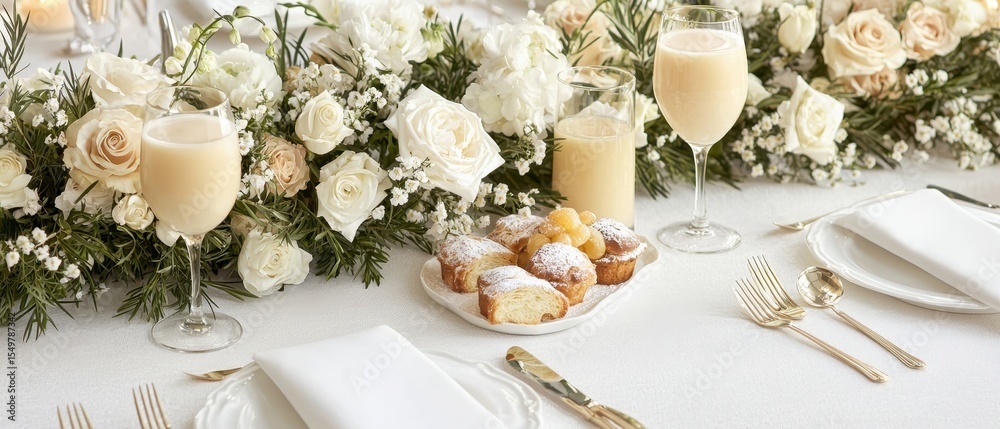 Fototapeta premium Elegant Table Setting with Floral Arrangement and Refreshing Beverages