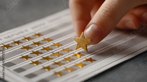 Placing a gold star sticker on a chore chart as a reward